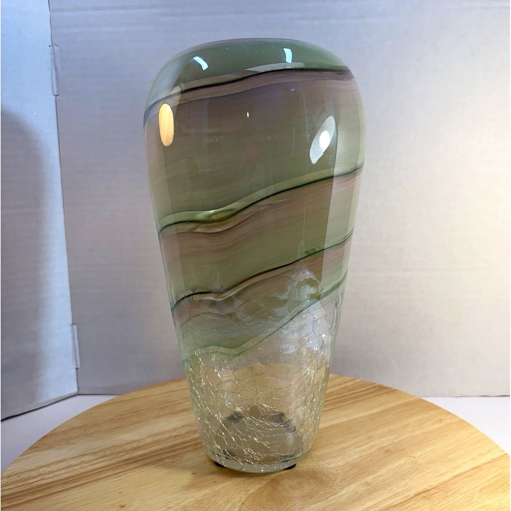 Unmarked Green Pink & Clear Swirl Pattern Art Glass Decorative Vase, 12 in Tall